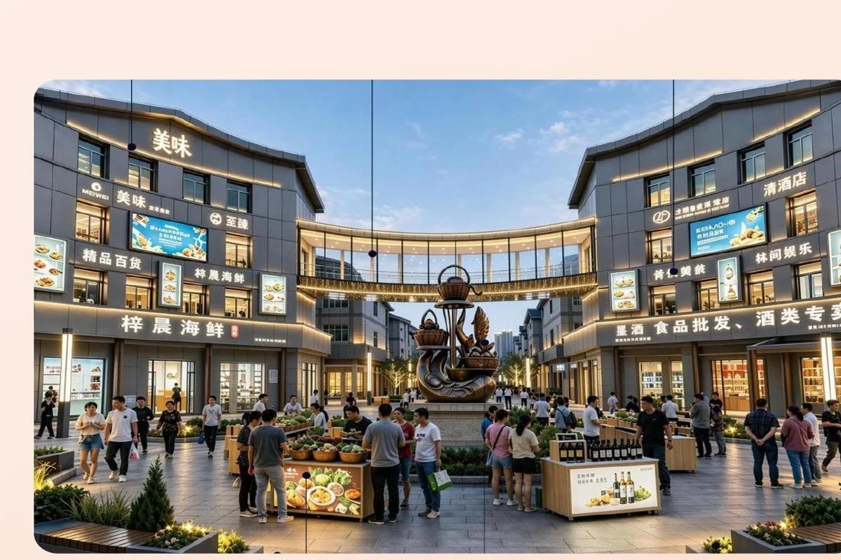 Premium market courtyard concept for product showcases and customer experiences